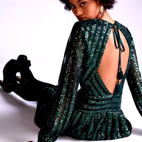anthropologie green sequin dress Anthropologie Bardot Yve Sequin Satin Halter-Neck Dress by Anthropologie